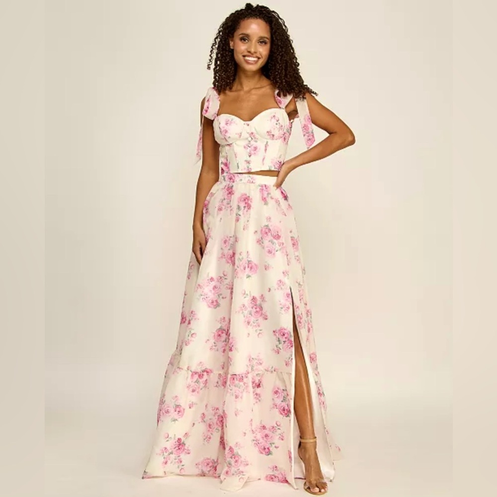B Darlin Juniors' Floral Print Pink and White Two-Piece Corset Ball